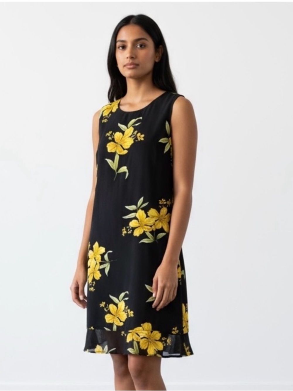 Vintage Floral Yellow Frilly Layered Midi Chiffon Sleeveless Summer Dress